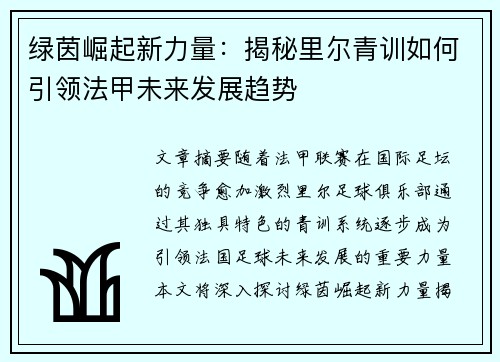 绿茵崛起新力量：揭秘里尔青训如何引领法甲未来发展趋势