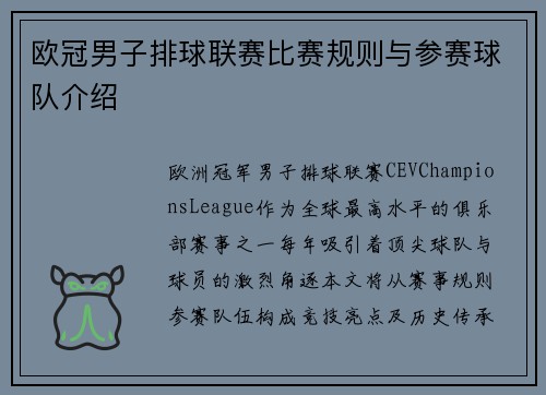 欧冠男子排球联赛比赛规则与参赛球队介绍